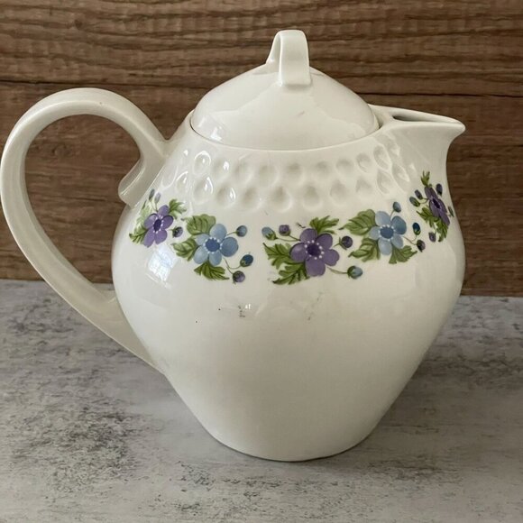 Vintage MCM Iroquois Ben Seibel Intaglio Purple Blue Flower Lidded Teapot USA 9" - Picture 3 of 10